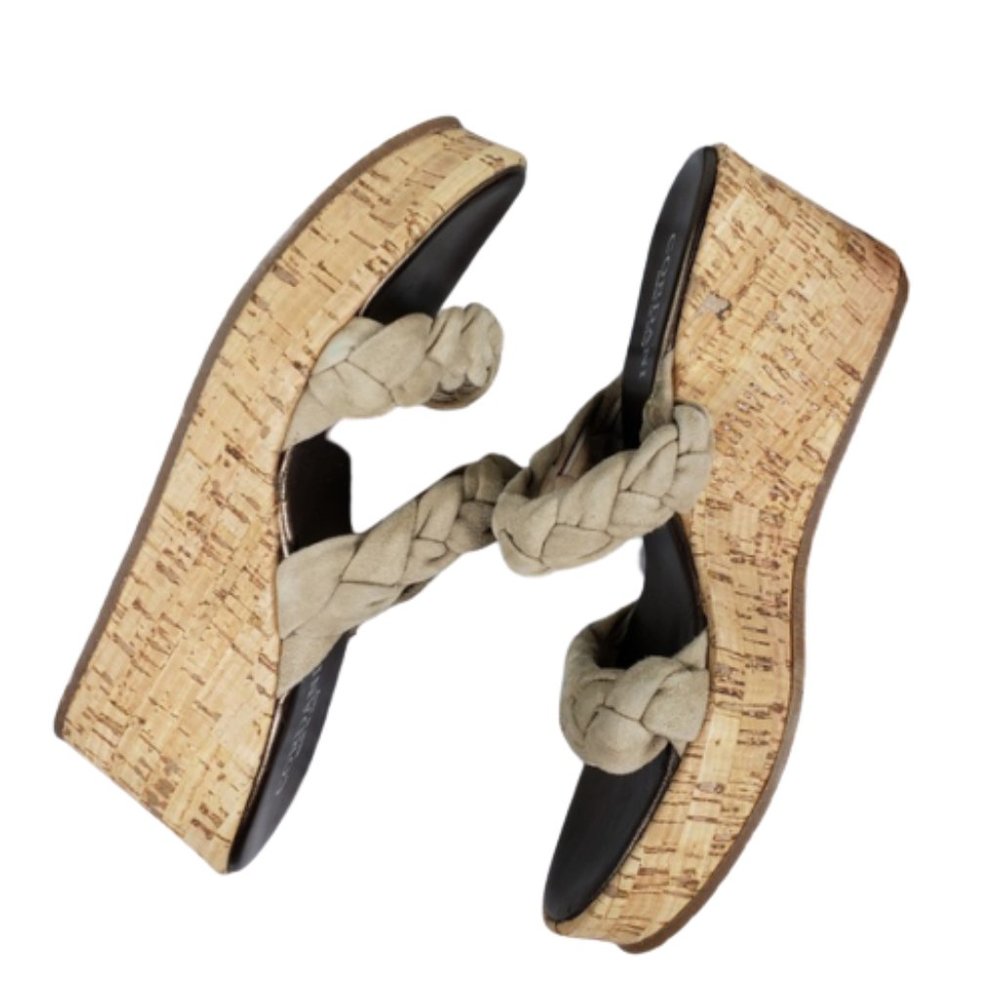 Cordani Braided Tan Suede Cork Wedge Sandals 9
